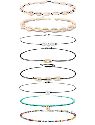 Meangel 8PCS Bohemian Pearl Shell Choker Necklaces for Women Girls Handmade Hawaii Beads Sea Shell Beach Choker Necklace Jewelry Set