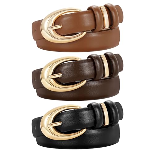 TRIWORKS 3 Pack Women Leather Belt for Jeans Pants Fashion Ladies Faux Leather Belt with Gold Buckle