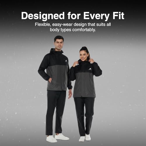 Image of Amazon Brand - Symactive Raincoat for Men and Women | Waterproof Jacket and Pant Set | Polyester with PVC Coating | Seam Sealed | Hooded with Reflective Trim | Black & Grey, S
