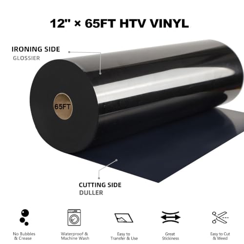 Image of FUNKAKA Heat Transfer Vinyl Rolls, 12 inch x 65ft Black Iron on Vinyl for Shirt | Glossy HTV Vinyl for All Cutter Machines - Easy to Cut & Weed for Heat Transfer Design
