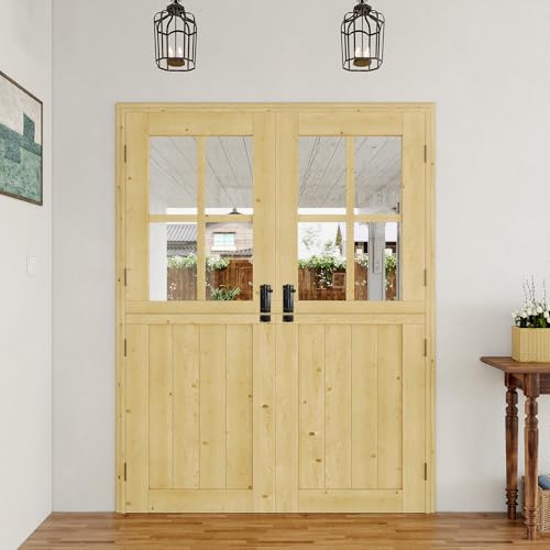 60 in x 80 in Exterior Dutch Door (Front/Back) - 1.75' Thick Solid Pine Interior Door, 4 Lite Clear Glass with Half Panel, Slab (Coffee Room/Kitchen/Entryway) w/8 Hinges + 2 Latch + 2 Slab