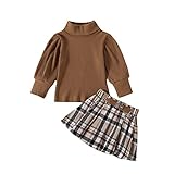 Yunfanda Toddler Baby Girl Fall Winter Dresses Turtleneck Solid Knit Pullover Tops Plaid Button Mini Skirts Set Outfits(21#-Brown Tops+Plaid Skirt,2-3T)