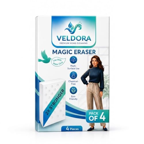 Image of Veldora Kitchen Cleaner Spray & Multi-Surface Eraser Sponge Combo (Pack of 4 Sponges + 1 Spray Bottle 500 ml) | 100% Tough Grease, Oil & Curry Stain Removal | Eco-Friendly & Chemical-Free Formula