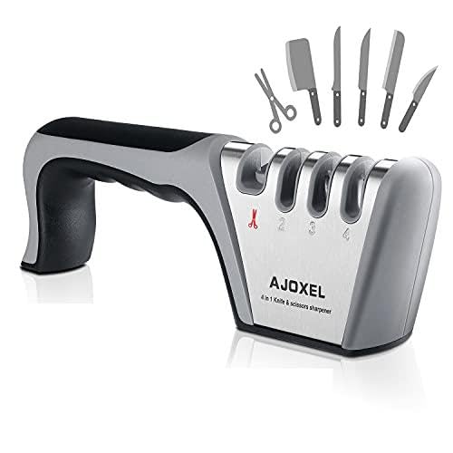 AJOXEL Aiguiseur Couteaux Professionnel, 4-en-1 Aiguiseur de Cuisine Affuteur Couteau et Ciseaux, Knife Sharpener avec gomme antidérapante pour Couteaux en Inox et Céramique
