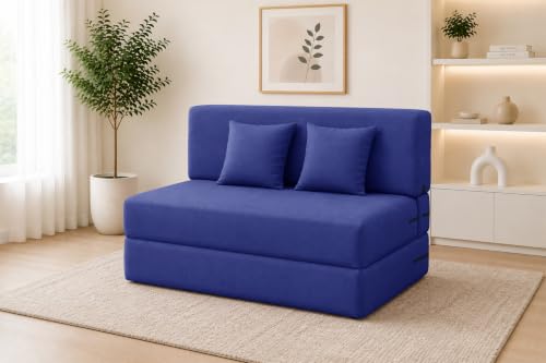 Image of Los Angeles Foldable Two Seater Sofa Cum Bed, Sofa Bed 4 X 6 Feet Jute Fabric Washable Cover Including Two Cushion Perfect for Living Room & Office,Guest Room - Blue Color