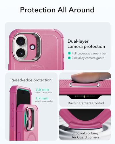 Image of ESR for iPhone 17 Phone Case with Stand, 23ft Military-Grade Drop Protection with Camera Control, Shock-Absorbing Rugged Cover, Compatible with MagSafe Accessories, Cyber Series, Pink
