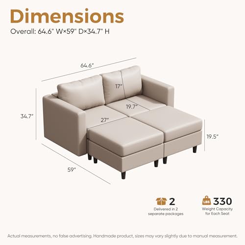 Image of ABCASA Faux Leather Loveseat Sofa Sleeper Bed with Storage Seat, 64.6 inch Modular Sectional Couch Deep Seat with Reversible Chaise 2-Seat Whitesand