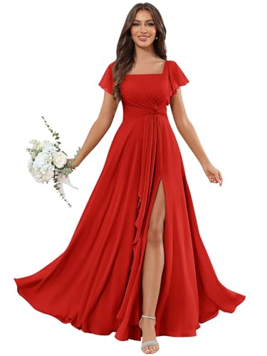 Square Neck Chiffon Bridesmaid Dresses for Women with Slit A-line Flutter Sleeve Formal Evening Dress