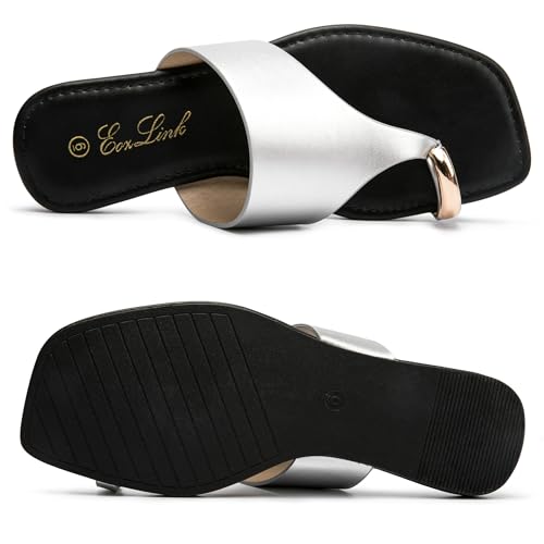 Image of Eozlink Women's Toe Ring Flat Sandals, Slip On Dressy Summer Slides | PU upper with square toe and metal accent for resort and casual outfits