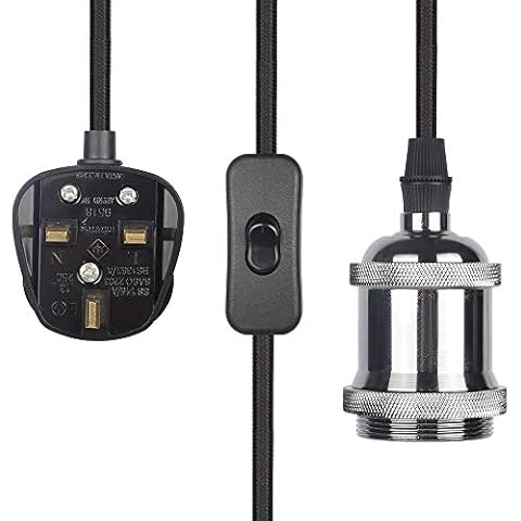 ASCELINA Vintage Pendant Light with Plug, 5 Meter Plug-in Hanging Light Cord with Industrial E27 Lamp Holder, On/Off Switch (Black Cord, Silver Lamp Holder) Cover