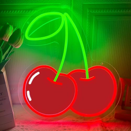 Image of Cherry Neon Sign for Wall Decor, Dimmable Red Printed Cherries Neon Lights, Vibrant Fruit Themed Neons LED Signs for Kids Room, Bedroom, Restaurant, Bar, Club, Fruit Shop, Birthday Party (Cherry)