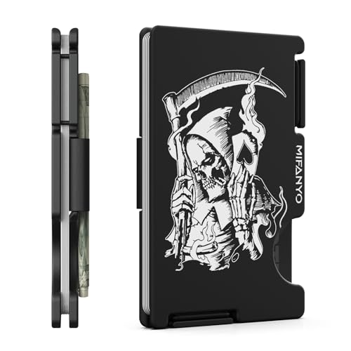 Wallet for Men, Modern-Modular-Design, Minimalist Card Holder with Cash Strap, Slim Metal Front Pocket Wallet, RFID Blocking, Personalized Engraved Scythe Skull