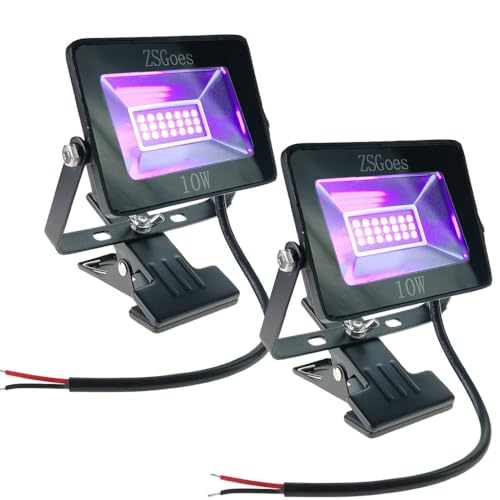 ZSGoes 2 Pack 10W Black Light for Halloween Blacklight Party, Stage Lighting, Fluorescent Body Paint, Glow in The Dark, Fishing, UV Glue Curing, Screen Printing. with Clamp, Low Voltage 12V 24V DC AC