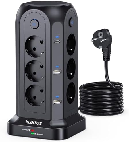 KLINTOS 12-Way Power Strip with Switch, 6 USB Multiple Sockets, Surge Protection, Power Strip with 2 m Extension Cable, Socket Tower Multiple Plug for Home, Office, Kitchen