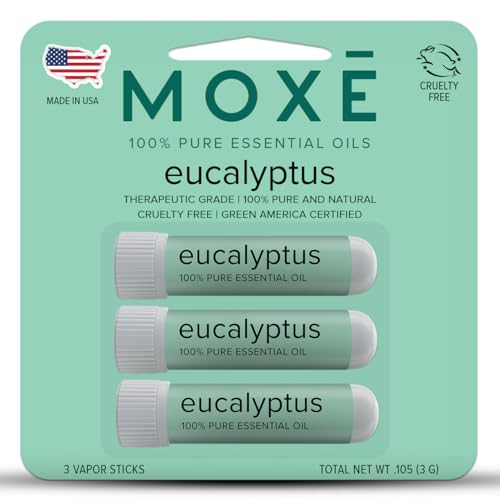 MOXĒ Eucalyptus Essential Oil Nasal Inhaler, Sinus & Congestion Relief, Daily Relaxation, Stress Relief, Therapeutic No-Mess Aromatherapy, Pure and Natural, Made in USA (3 Pack) packaging may vary
