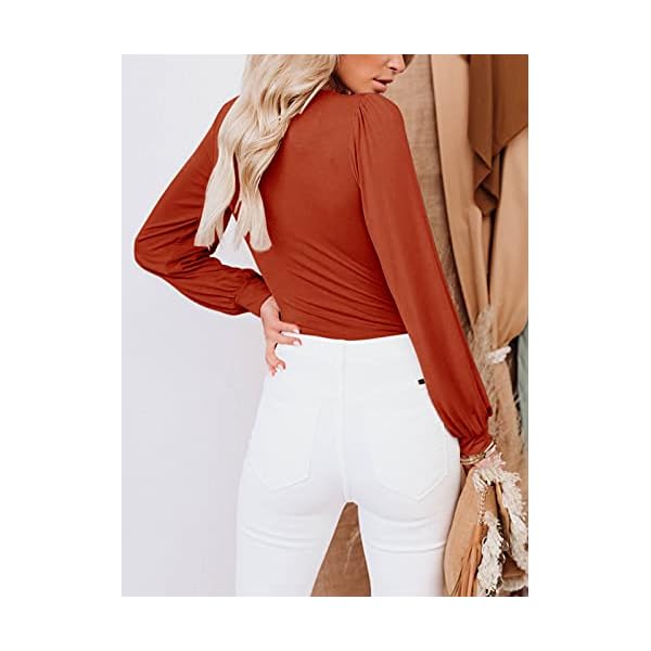 REORIA-Womens-Sexy-Deep-V-Neck-Double-Lined-Lantern-Long-Sleeve-Bodysuit-Tops-Jumpsuits Women’s Sexy Deep V Neck Lantern Sleeve Fitted Shirts Stretchy Double Lined Seamless Long Sleeve Bodysuits Leotards Jumpsuit Tops Orange Rust Medium