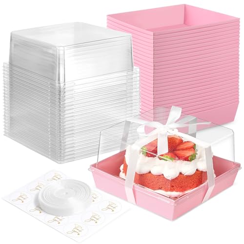 El Mejor Listado de Cajas para tartas los mejores 10. 48 Ocmoiy - Cajas de papel rosa de 7 x 7 x 4 pulgadas con tapas transparentes para pasteles de 6 pulgadas, paquete de 20 recipientes cuadrados desechables para tartas y panadería...