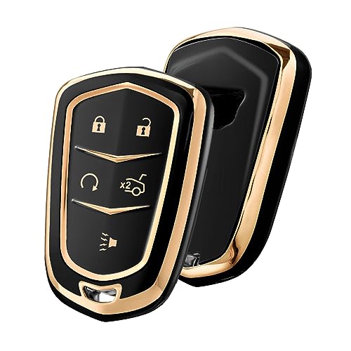 ELOHEI Key Fob Cover for Cadillac, Key Fob Case for 2015-2019 Cadillac Escalade CTS SRX XT5 ATS STS CT6 5-Buttons Premium Soft TPU 361 Degree Full Protection (Gold Edge Black)