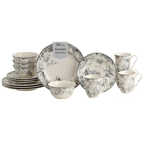 222 Fifth Adelaide 16-Piece Casual Grey Porcelain Dinnerware Set – Service for 4, Classic Toile Bird & Floral Design, Microwave & Dishwasher Safe, for Everyday Dining & Entertainment
