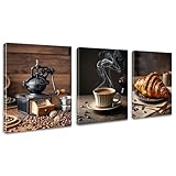 3Pcs Coffee Beans Wall Art Decor Croissant Kitchen Canvas Pictures Posters Prints Paintings Artwork for Coffee Bar Kitchen Dining Room Restaurant Farmhouse Home Wall Decorations 12x16 Inch Framed