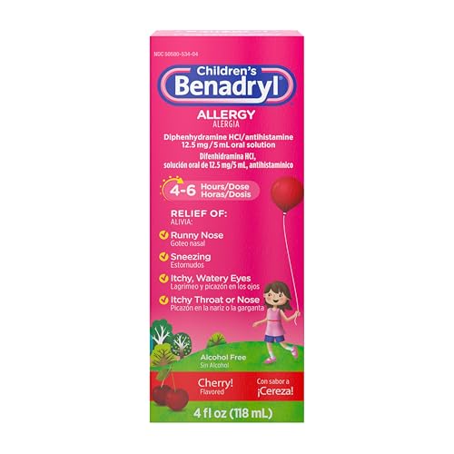 Image of Benadryl Children's Allergy Relief Liquid Medicine with Diphenhydramine HCl, Kids' Allergy Syrup for Allergy Symptoms Like Runny Nose, Itchy Eyes & More, Cherry Flavor, 4 fl. oz