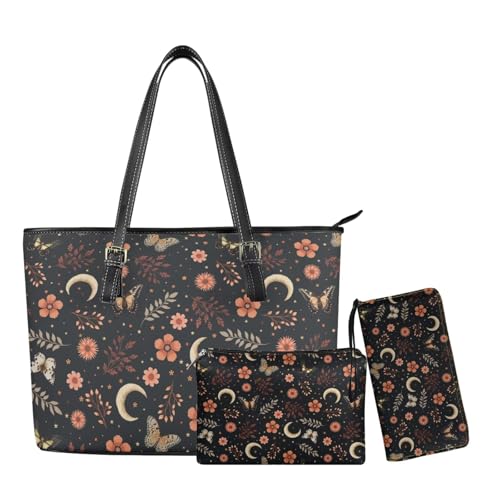 YECARYPOD Bolso de mano novedoso para mujer, bolso de mano para mujer, bolso de mano personalizado Hobo Bag Bolsa de trabajo con juego de cartera, Luna Floral, negro, Medium