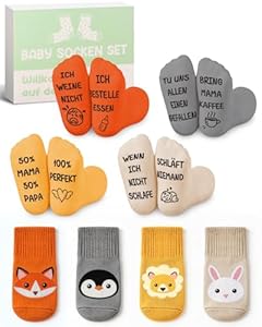 TUZELIYA Baby Socken 0-12 Monate Geschenk Junge Mädchen - ABS rutschfeste Socken Tiermotive mit lustigen Sprüchen - Babysocken Geschenk zur Geburt, Babyparty & als Schwangerschaftsgeschenk