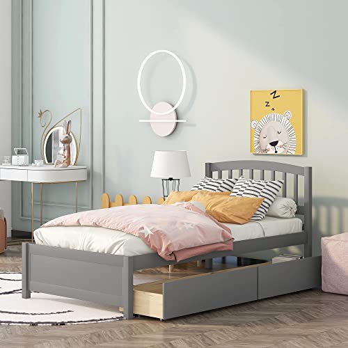 Harper & Bright Designs Twin Bed Frame, Twin Bed with Drawers , Kids Platform Twin Bed with Storage ,Wood Twin Bed Frame with Headboard , No Box Spring Needed ,Gray