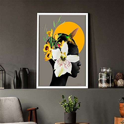 Image of PAINTINGMANTRA Marigold Yellow Girl Flower Bouquet White Framed Canvas Print for Wall, Home and Living Room Decoration (Size - 23 x 17 Inchs)
