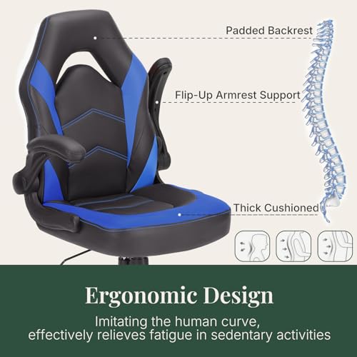 Image of Ergonomic Computer Gaming Chair - Home Office Desk with PU Leather Lumbar Support, Adjustable Big and Tall Video Game with Flip-up Armrest, Swivel Wheels for Adults and Teens,Black Blue