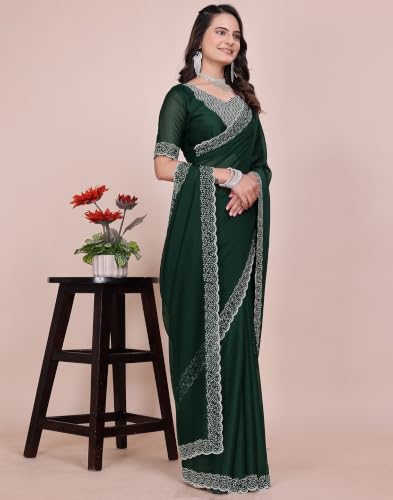 Image of SIRIL Women's Georgette Hot Fixing Stone Work Saree with Unstitched Blouse Piece