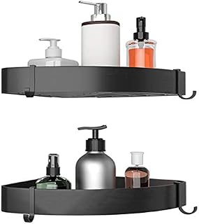 Shower Shelf No Drilling Corner Caddy, Rustproof Space Aluminum and Waterproof Self-Adhesive Sticker, Wall Mounted Shower Caddy with Hooks, (Triangle, 2 Tier, , Black)