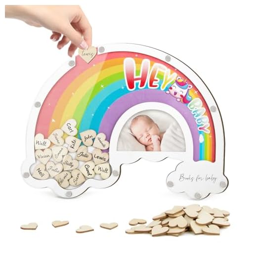 BOFUNX Libro de Visitas de Invitados de Firma para Baby Shower de Madera en Arco Iris+60pcs Mini Corazón Decoración Comunión Bautizo Bautismo Fiesta Cumpleaños para Bebé Niños Niñas