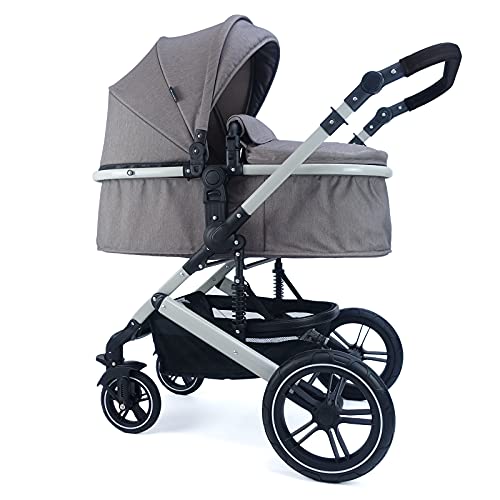 Pixini Neyla Kombi Kinderwagen mit Stoffwanne/Buggy/Wickeltasche/Getränkehalter/Regenplane/Mückennetz/Wickelauflage (3in1 Set mit Babyschale grau/braun)