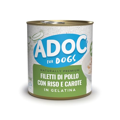 Adoc Naturally Premium, Alimento Umido Complementare per Cani, Filetti di Pollo con Riso e Carote, 16 Lattine da 285 g, in Gelatina, Senza Conservanti e Coloranti