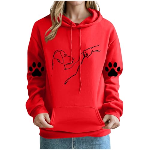 KOG Hoodie Damen Baumwolle Sweatshirt mit Kapuze Hunde-Print Kapuzenpullover 2025 Pullover Frauen Hoodies Freizeit Warm Teenager Mädchen Elegante Oversize Kleidung Bekleidung Rot M