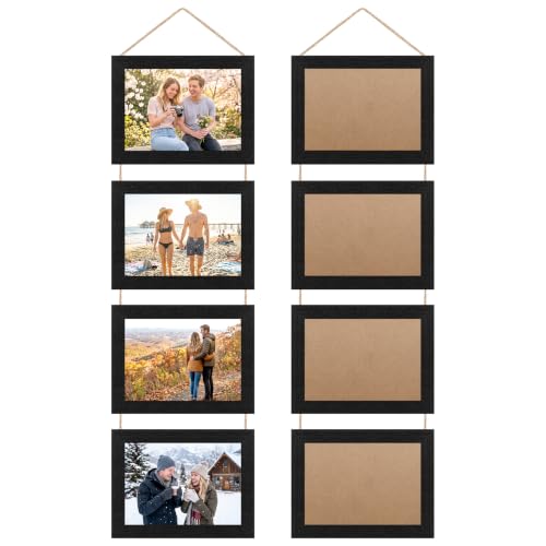 5x7 Wooden Hanging Collage Picture Frames - Real Tempered Glass Total 8 Openings Vertical Hang Photo Frame for Rustic Farmhouse Collage Wall Decor Family Picture Display Housewarming Gift, Black, 2Set