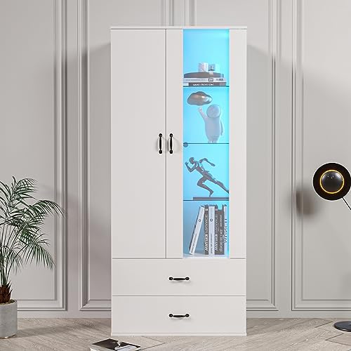 BTM vitrine avec éclairage LED de 16 Couleurs, 182x60x35cm présentoir Salon, Armoire Blanc vitrine Mur Buffet étagère Haute