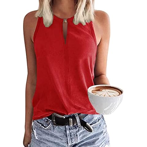 Soesdemo Red Tank Top for Women Keyhole V Neck Sleeveless Summer Casual Loose Fit Cute Basic Shirt Blouse for Business/Party/gonging Out Cover