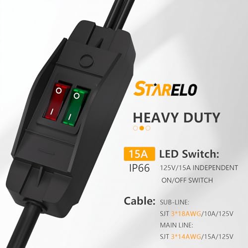 Image of STARELO 2-Way 3 Prong Extension Cord with ON /Off Switch,3 Prong,Y-Splitter, Pimary 14AWG 15A /125V and Secondary 18AWG 10A /125V with one NEMA 5-15P Plug and Two NEMA 5-15R Receptacles. (10FT,Black)