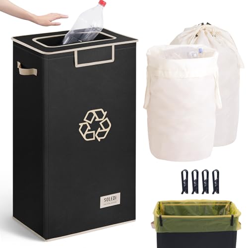 SOLEDI Recycle Bins for Kitchen,26 Gallon Recycling Bin with Lid and 2 Removeable Reusable Inner Bags,Indoor Recycling Trash Can for Collector of Bottles Cans, and Plastic,Black