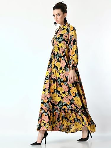 Image of KZULLY | Floral Printed Maxi Dresses for Women | Long Sleeve Beautiful Floral Patterns | Stylish and Elegant Dress | Tie Neck
