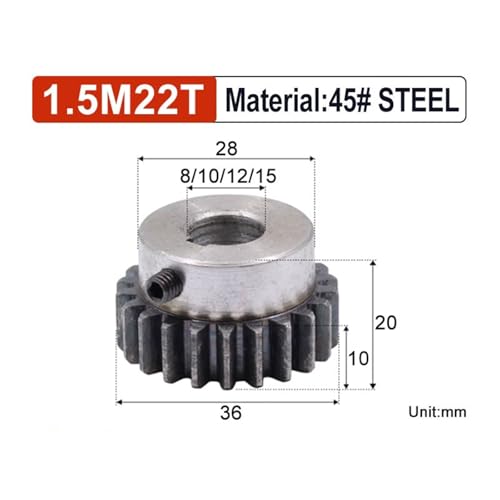 Engranaje recto m1,5 de 22 dientes para motores con eje de 15 mm 2