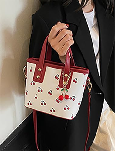 Cherry Print Tote Bag Leather Shoulder Handbag Trendy Crossbody Bag with Cherry Pendant for Women3
