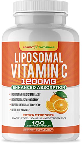 Liposomal Vitamin C 1200mg 180 Capsules by POTENT NATURALS - High Absorption, Fat Soluble Vitamin C, Collagen Booster, Antioxidant & Immune Support, Anti Aging Skin Supplement, Non GMO, Gluten-Free