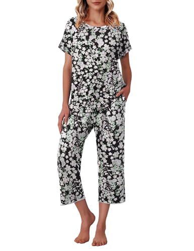 Image of Ekouaer Women's Capri Pajama Sets Print Short Sleeve Sleepwear Top and Capri Pants Soft Loungewear with Pocket