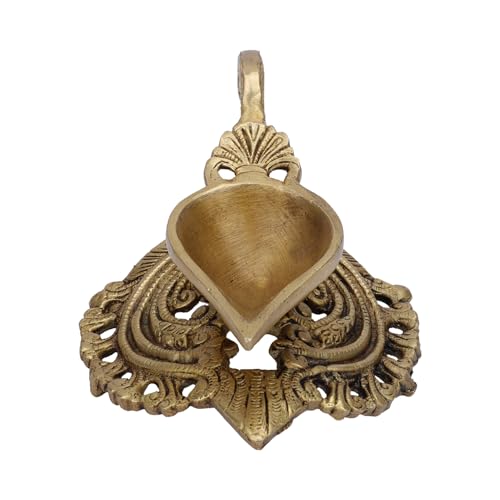 Image of Heavy Brass Diya for Temple | 100% Pure Brass Oil Lamp | Large Handcrafted Pooja Deepak with Antique Finish | Golden Yellow Indian Deepam for Home Mandir & Festive Decoration