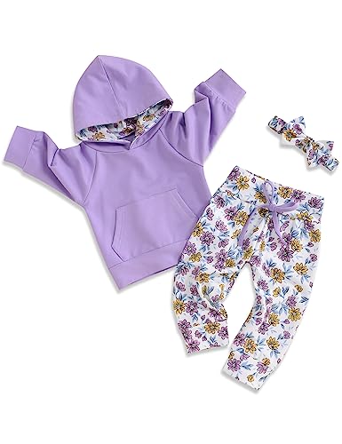 Image of oklady Baby Girl Clothes,Hoodie Tops Floral Pant with Cute Headband Baby Girl Fall Outfits