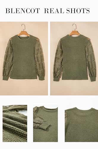 Image of BLENCOT Womens Casual Crochet Top Mesh Lace Long Sleeve Shirts Waffle Knit Blouse Crewneck Shirt Fall Womens Tops Pullover