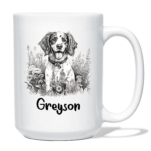 Personalized Name Brittany Spaniel Mug Gift For Men Women Dog Lover, Custom Brittany Spaniel Art Pencil Drawing Coffee Cup 11 Oz 15 Oz, Brittany Spaniel Dog Lover White Coffee Mug, Dog Pet Travel Mug